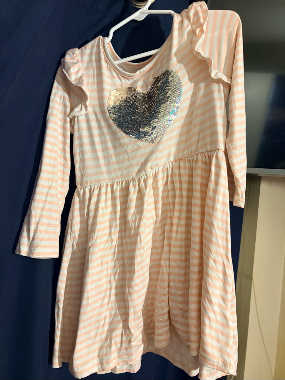 Girls' Pink & White Stripe Long-Sleeve Dress with Sequin Heart